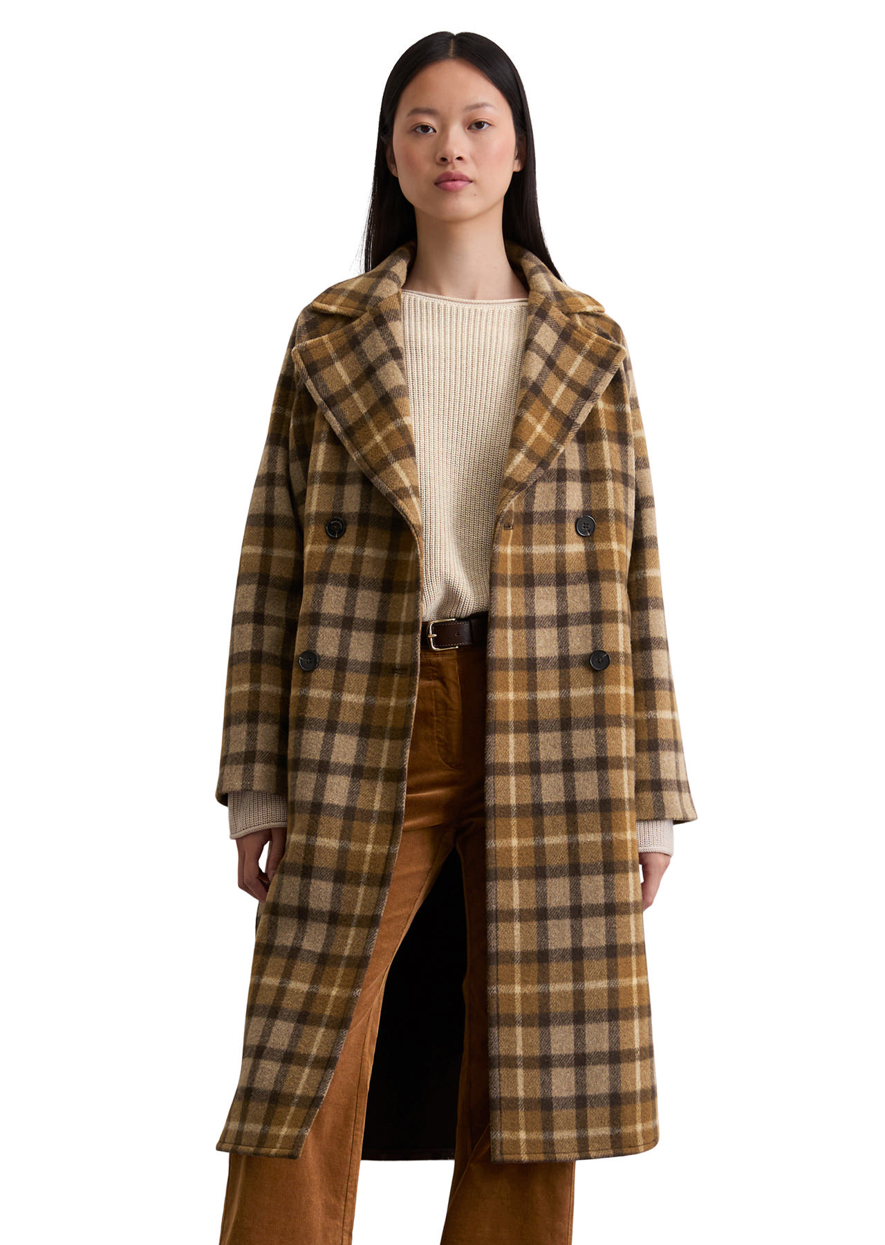 Köflótt ullarkápa, tvíhneppt með skávösum