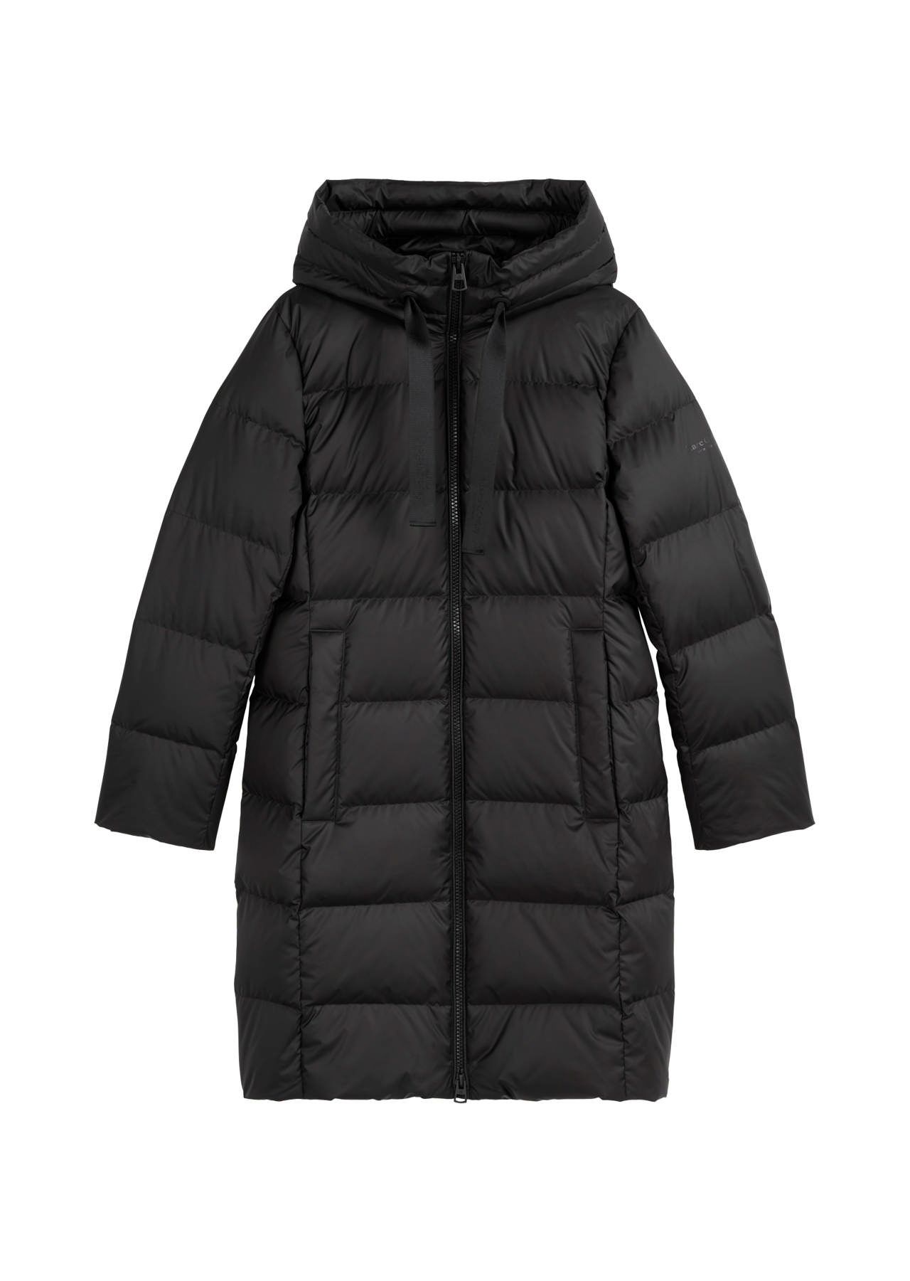 Coat, down filled, with hood, welt pockets