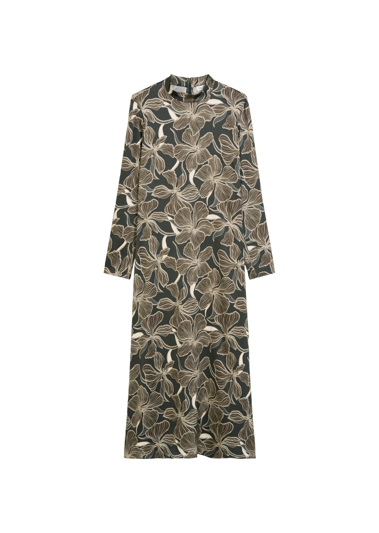 Síður kjóll með kraga upp í háls og löngum ermum