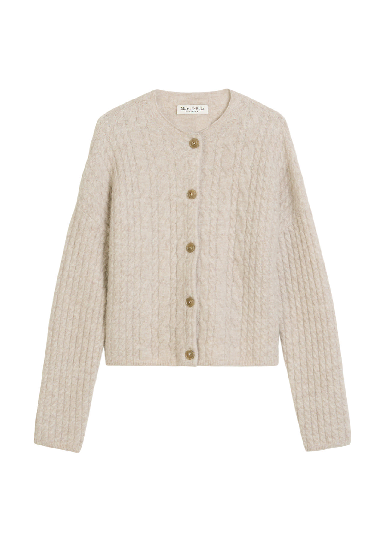 Hneppt ullarpeysa með kaðlamynstri og síðum ermum